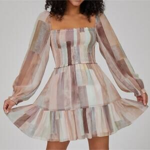 ARITZIA WILFRED Tempest Pink Patchwork Tiered Mini Dress Boho Size Large